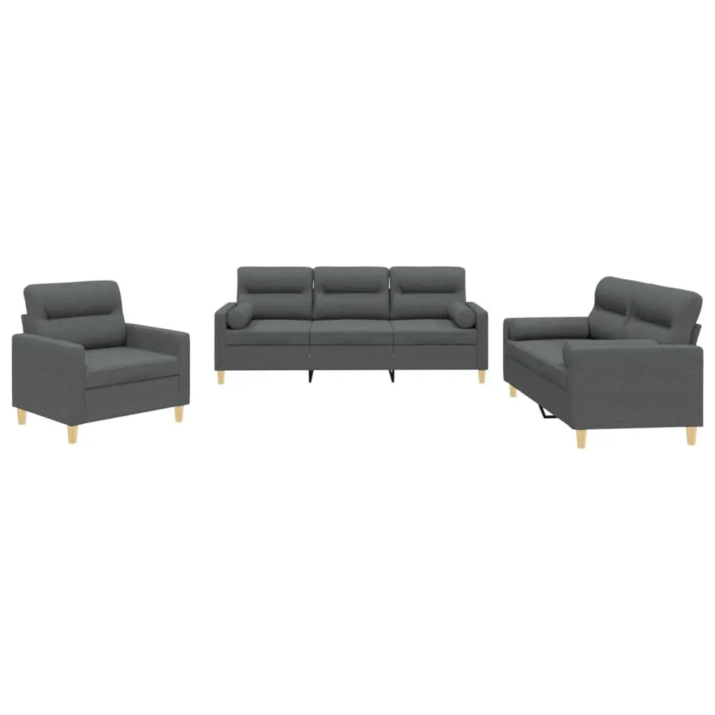 Grey Fabric Lounge Suite 3 Piece Sofa Set with Roll Pillows