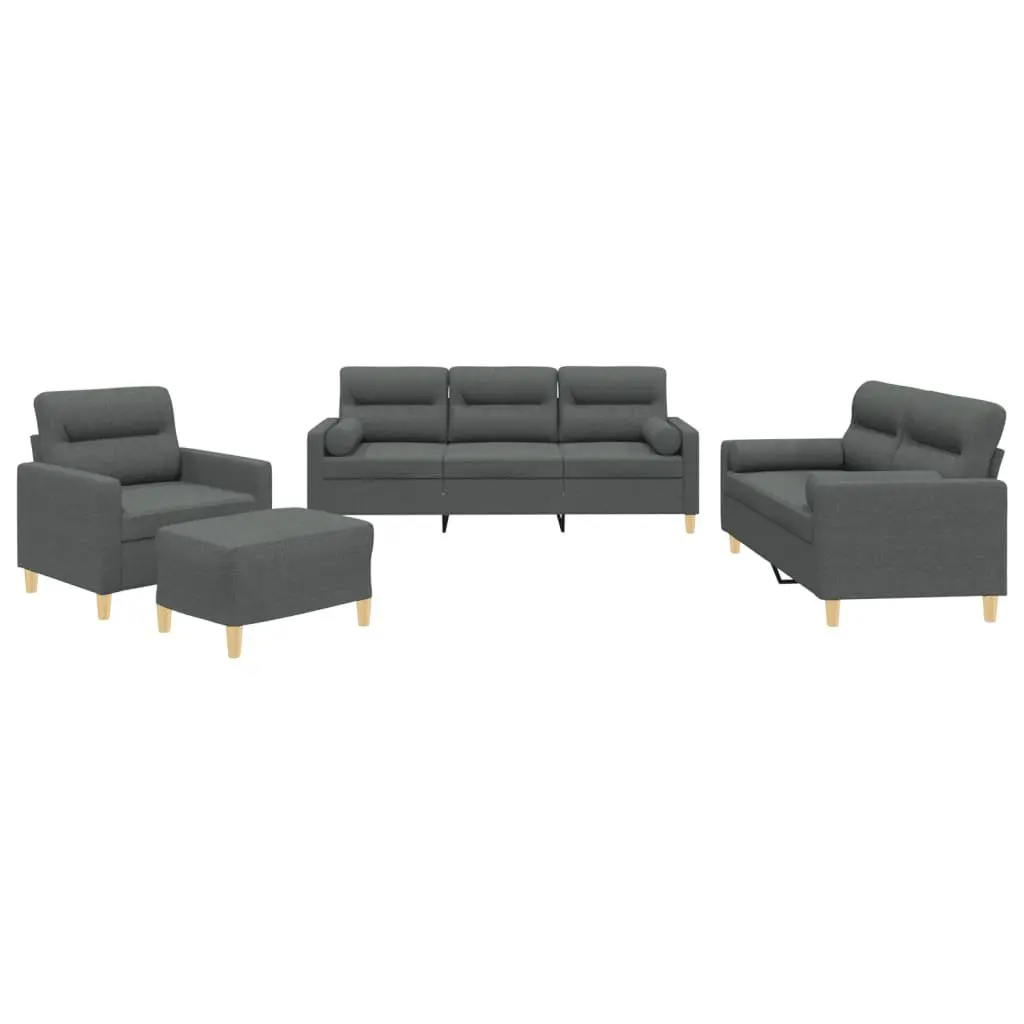 4 Piece Sofa Set Grey Fabric with Pillows Footstool Living Room Lounge Suite