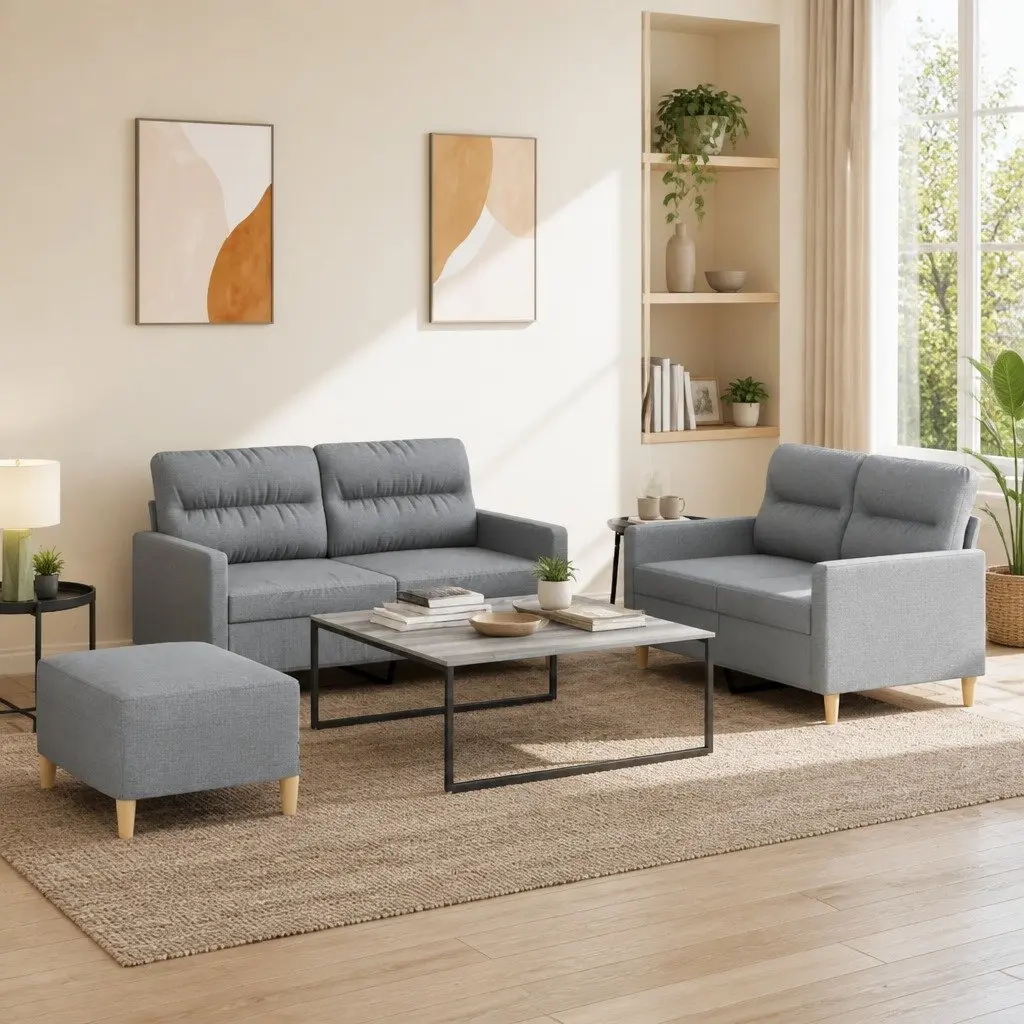 3 Piece Sofa Set Grey Fabric Compact Living Room Furniture