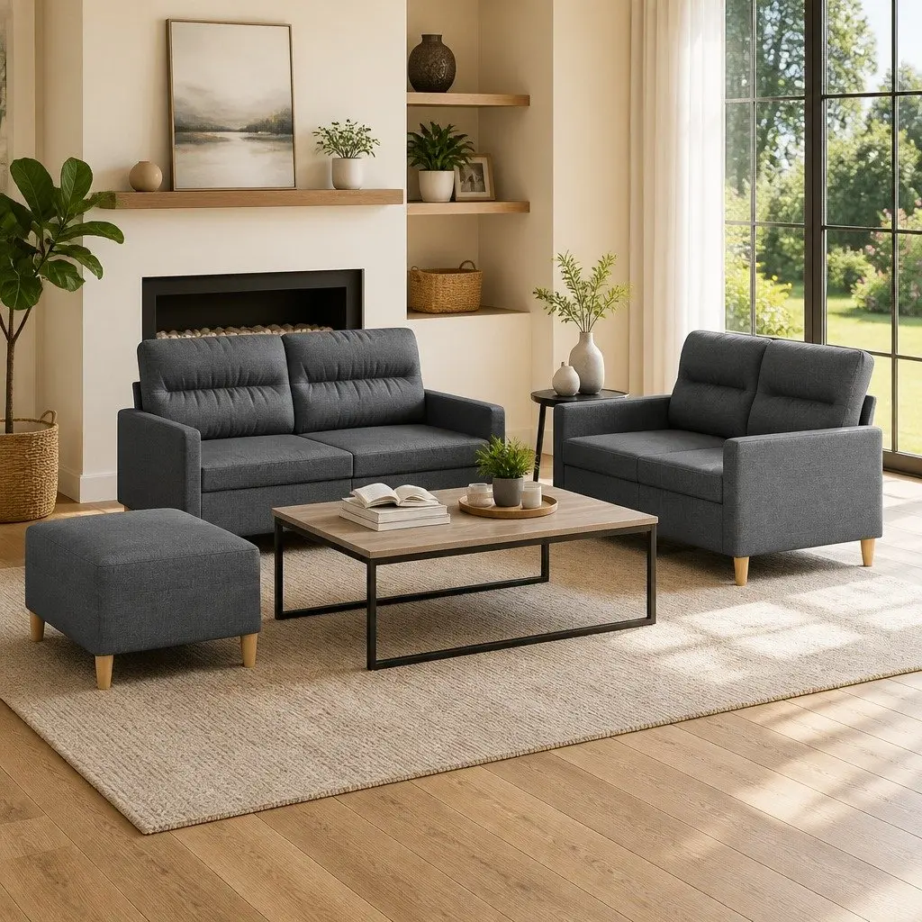 3 Piece Sofa Set Grey Fabric Couch with Cushions and Footstool Compact Size
