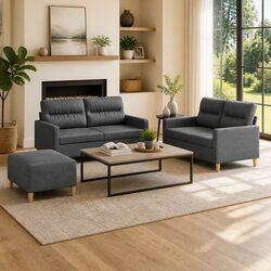 3 Piece Sofa Set Grey Fabric Couch with Cushions and Footstool Living Room