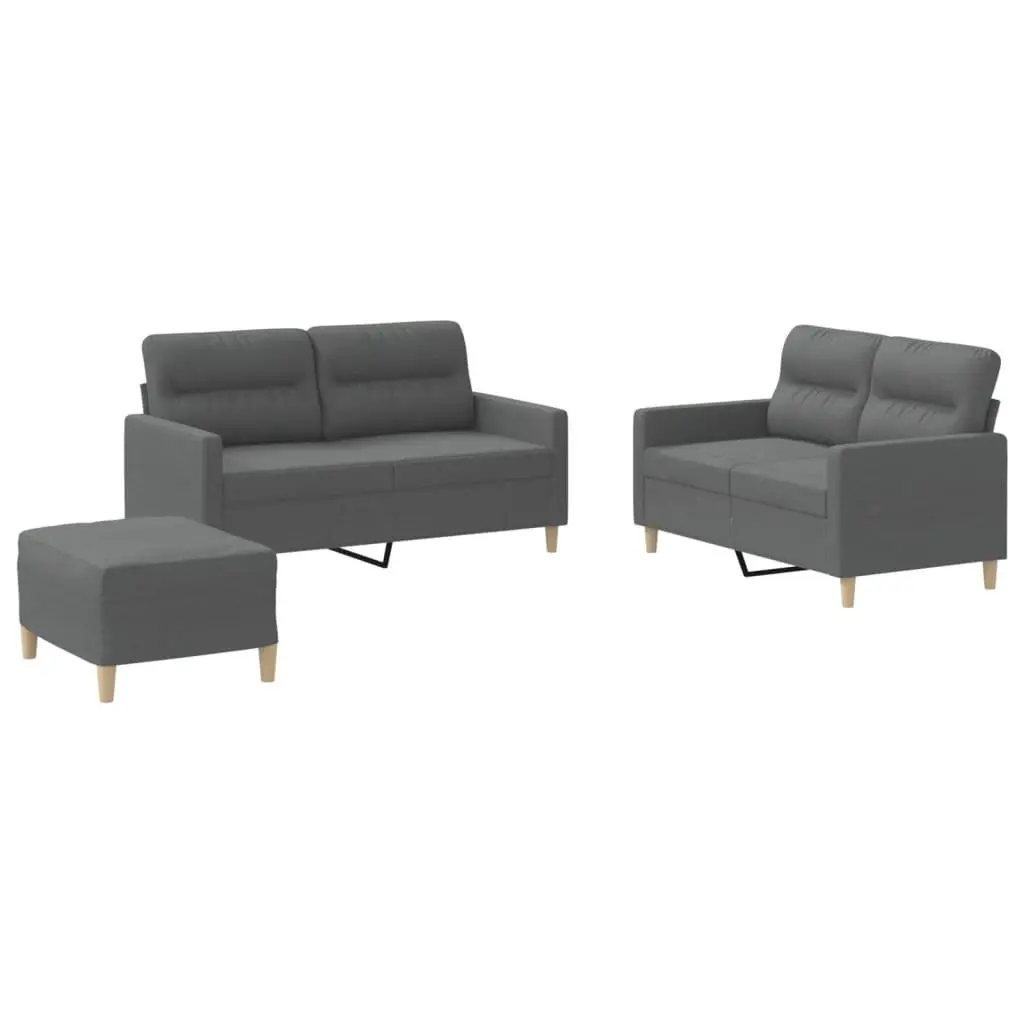 3 Piece Sofa Set Grey Fabric Couch with Cushions and Footstool Compact Size
