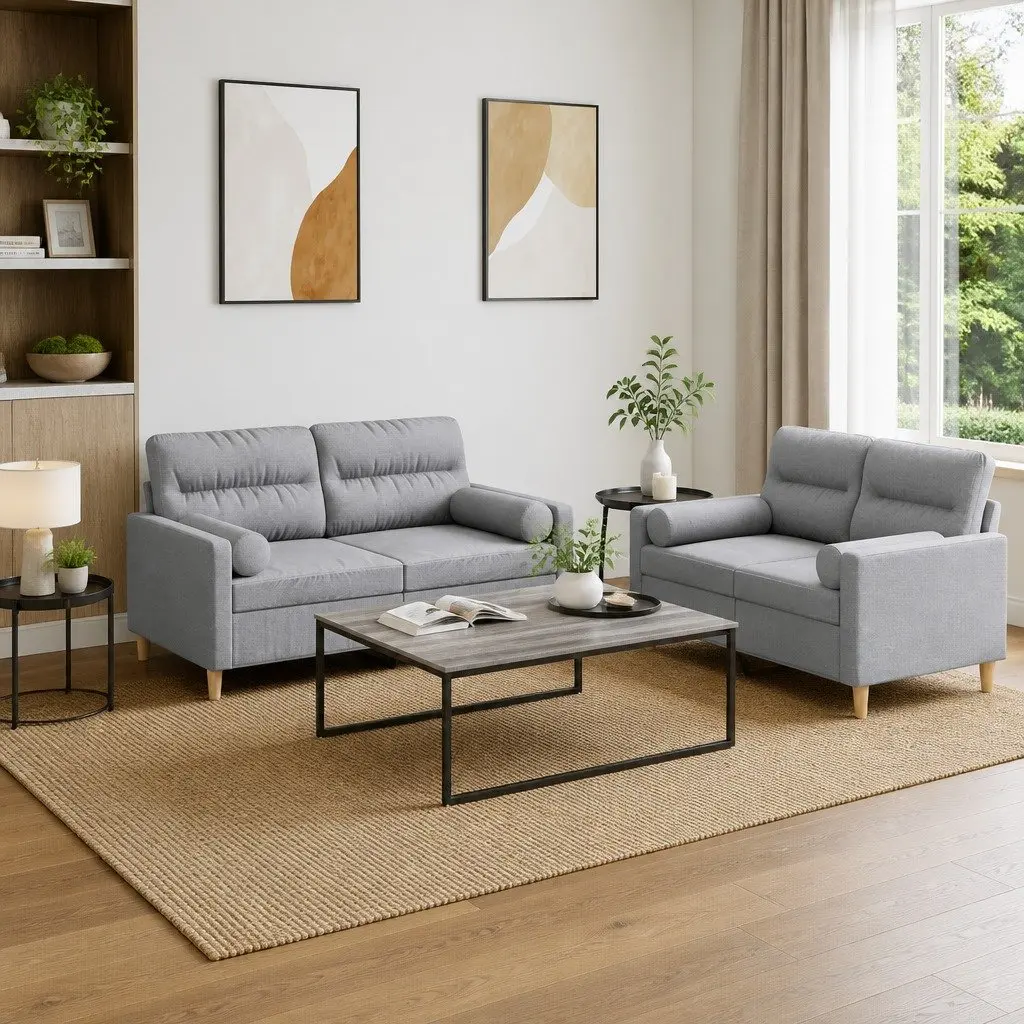Sofa Set Grey Fabric Lounge Suite 2 Piece