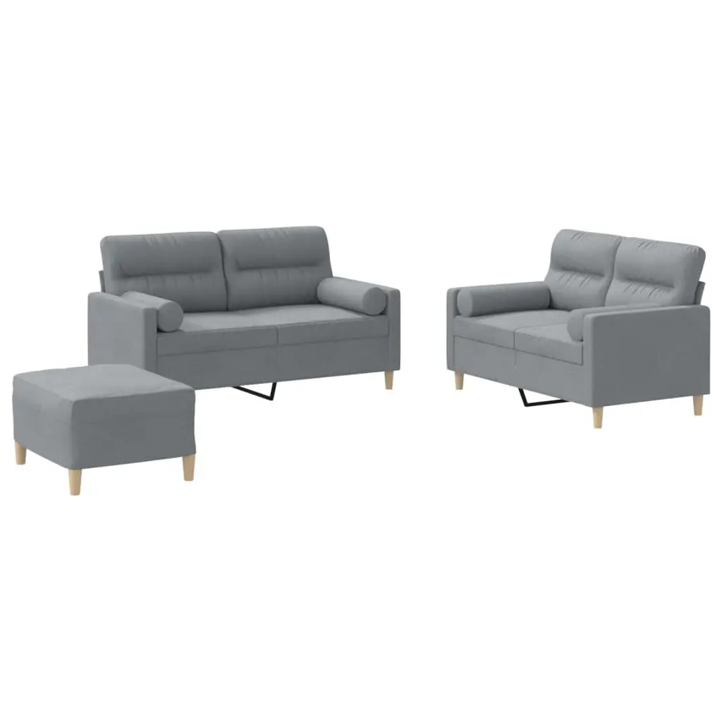 Sofa Set Grey Fabric 3 Piece with Footstool and Pillows