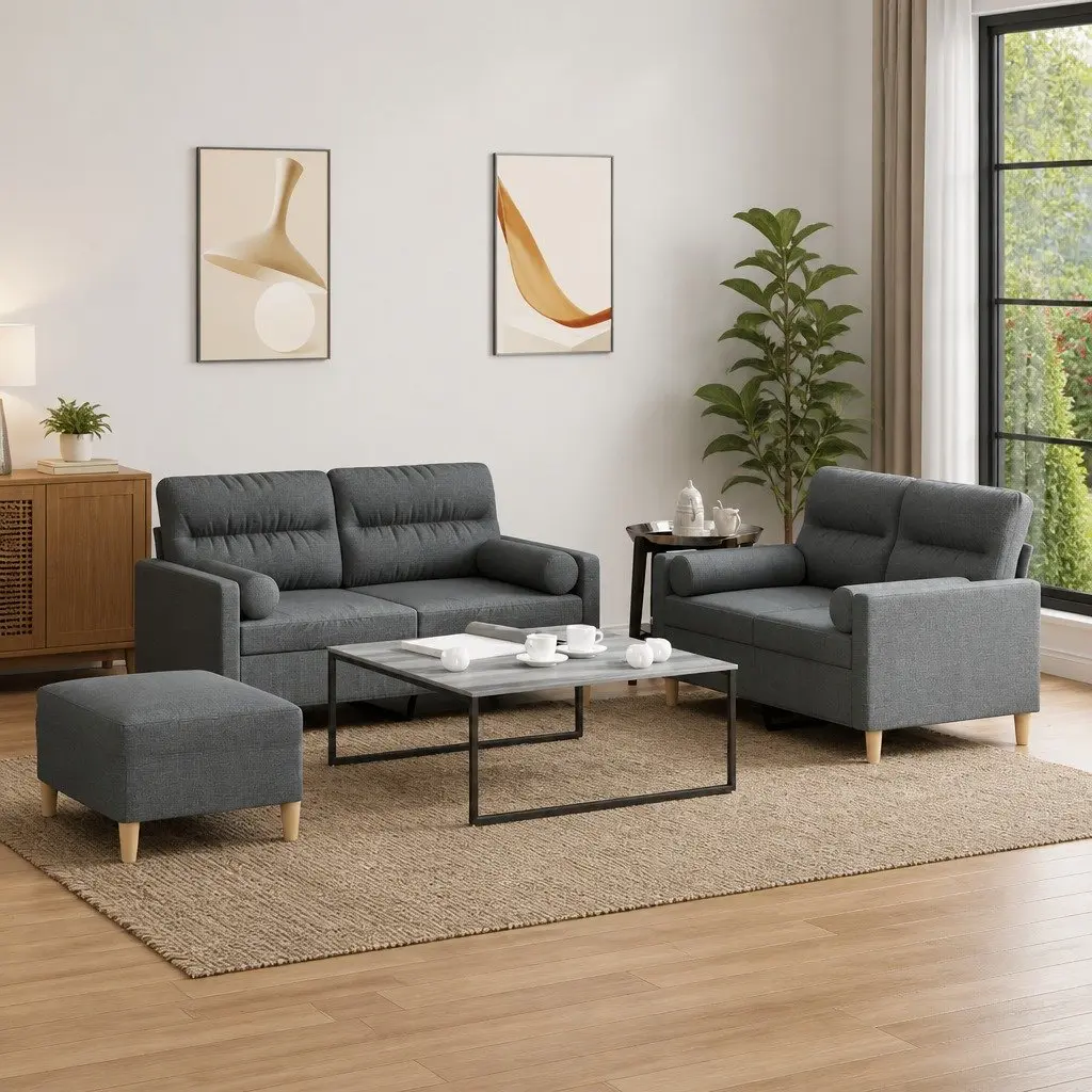 Grey Fabric Sofa Set 3 Piece Lounge Couch with Pillows and Footstool for Living Space