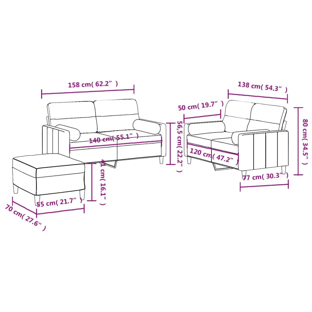 Grey Fabric Sofa Set 3 Piece Lounge Couch with Pillows and Footstool for Living Space