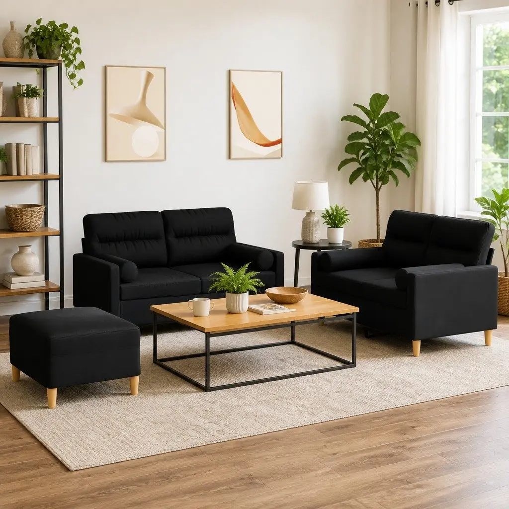 Black Fabric 3 Piece Sofa Set with Footstool and Pillows for Living Room or Bedroom