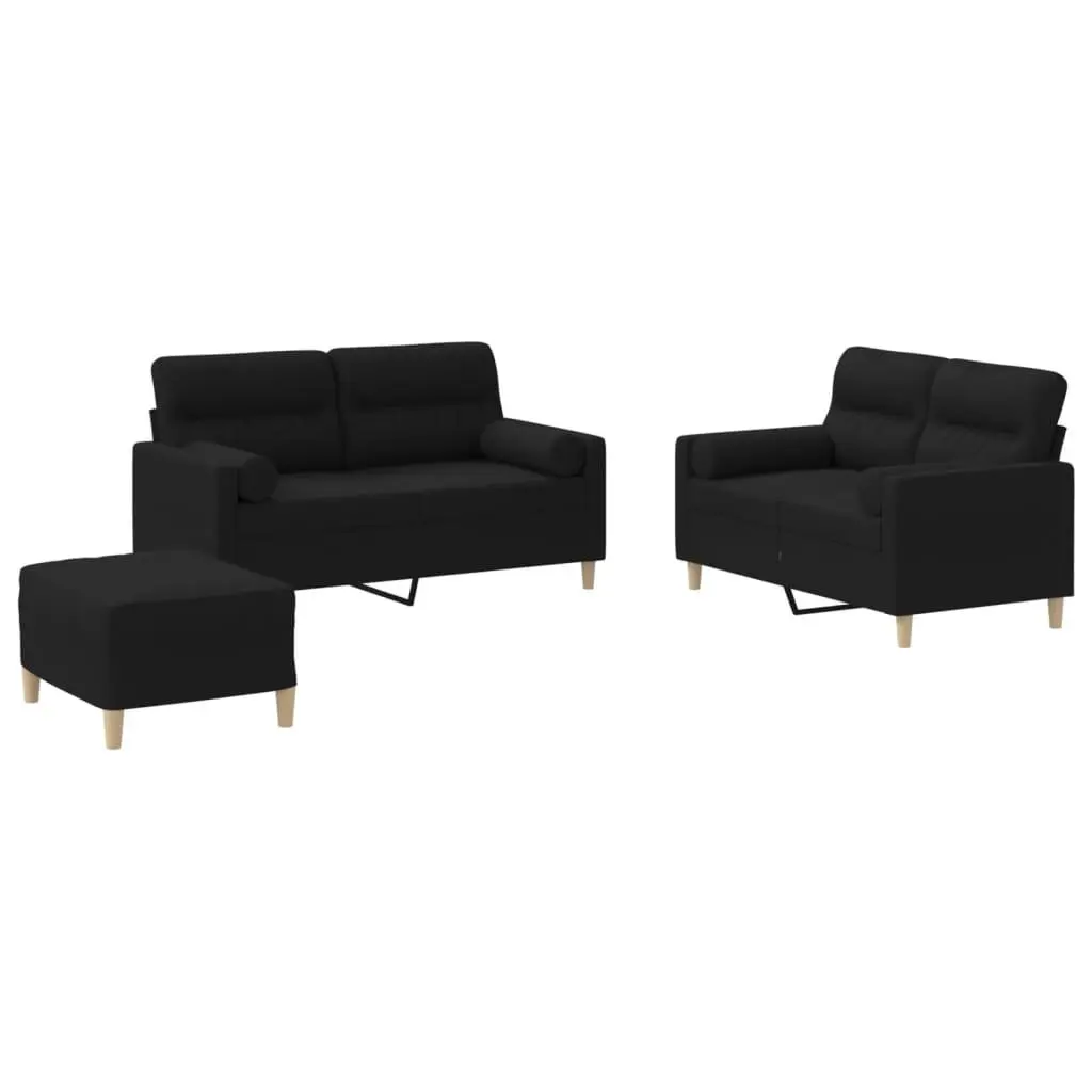 Black Fabric 3 Piece Sofa Set with Footstool and Pillows for Living Room or Bedroom