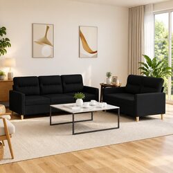 Black Fabric 2 Piece Sofa Set with Cushions Living Room Furniture Seating Suite