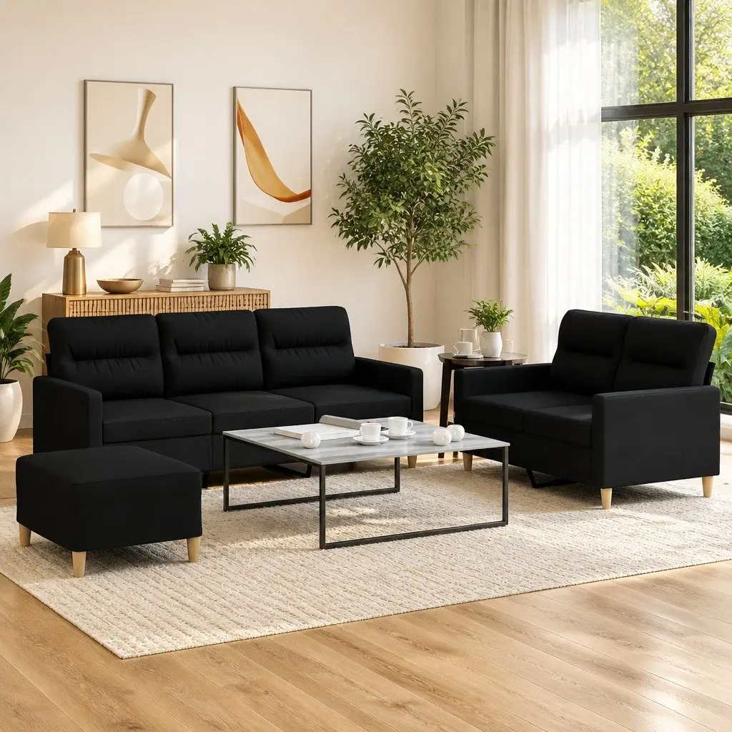 3 Piece Black Fabric Sofa Set