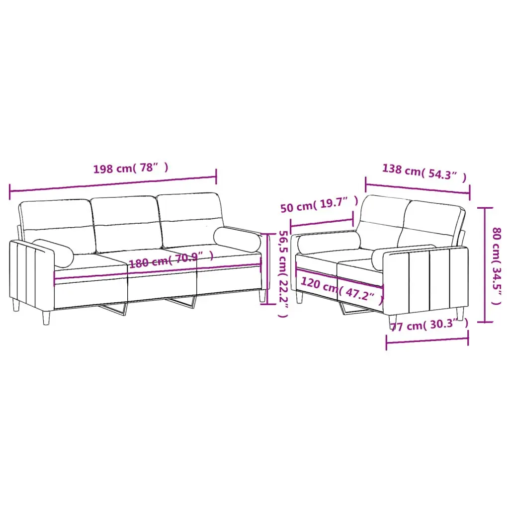 2 Piece Sofa Set Grey Fabric Couch with Pillows Comfortable Seating Living Room