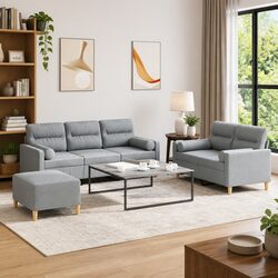 3 Piece Sofa Set Grey Fabric Couch with Pillows Footstool Living Room Furniture