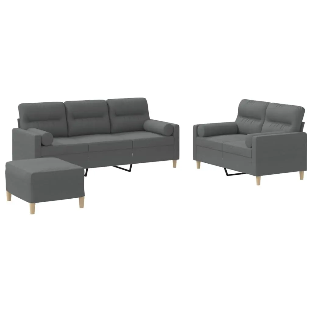 3 Piece Sofa Set Grey Fabric with Footstool and Pillows