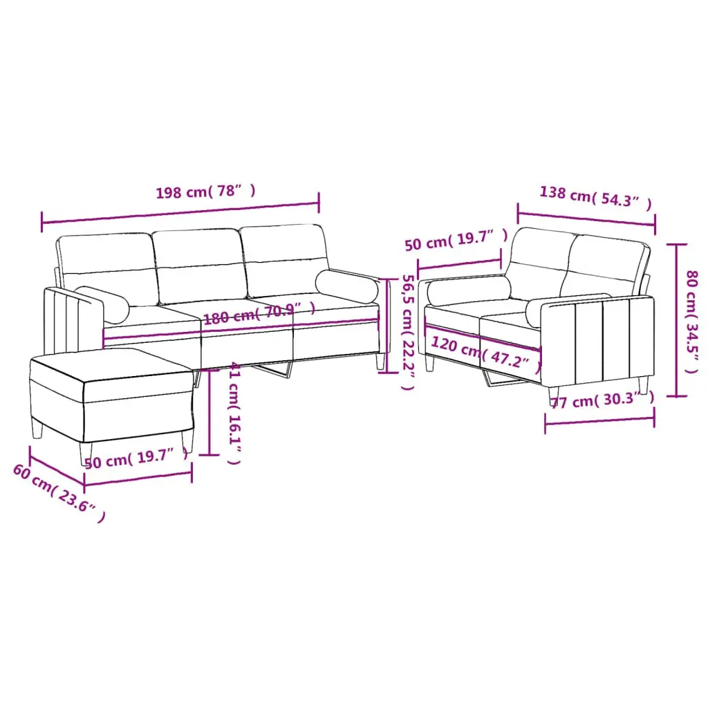 3 Piece Sofa Set Grey Fabric with Footstool and Pillows