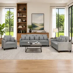 3 Piece Grey Sofa Set with Throw Pillows - Your New Favorite