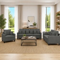 3 Piece Grey Fabric Sofa Set with Throw Pillows Comfortable Living Room Lounge
