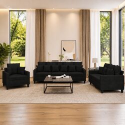 3 Piece Sofa Set with Throw Pillows Black Fabric Lounge Suite Living Room Couch