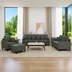 4 Piece Sofa Set with Throw Pillows Footstool Grey Fabric Living Room Couch