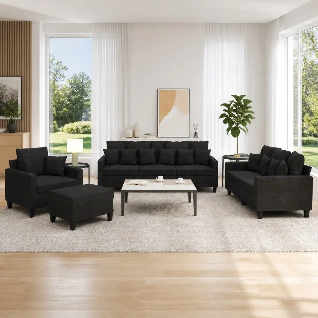 Sofa Set Durable Fabric Black Compact 4 Piece with Throw Pillows and Footstool