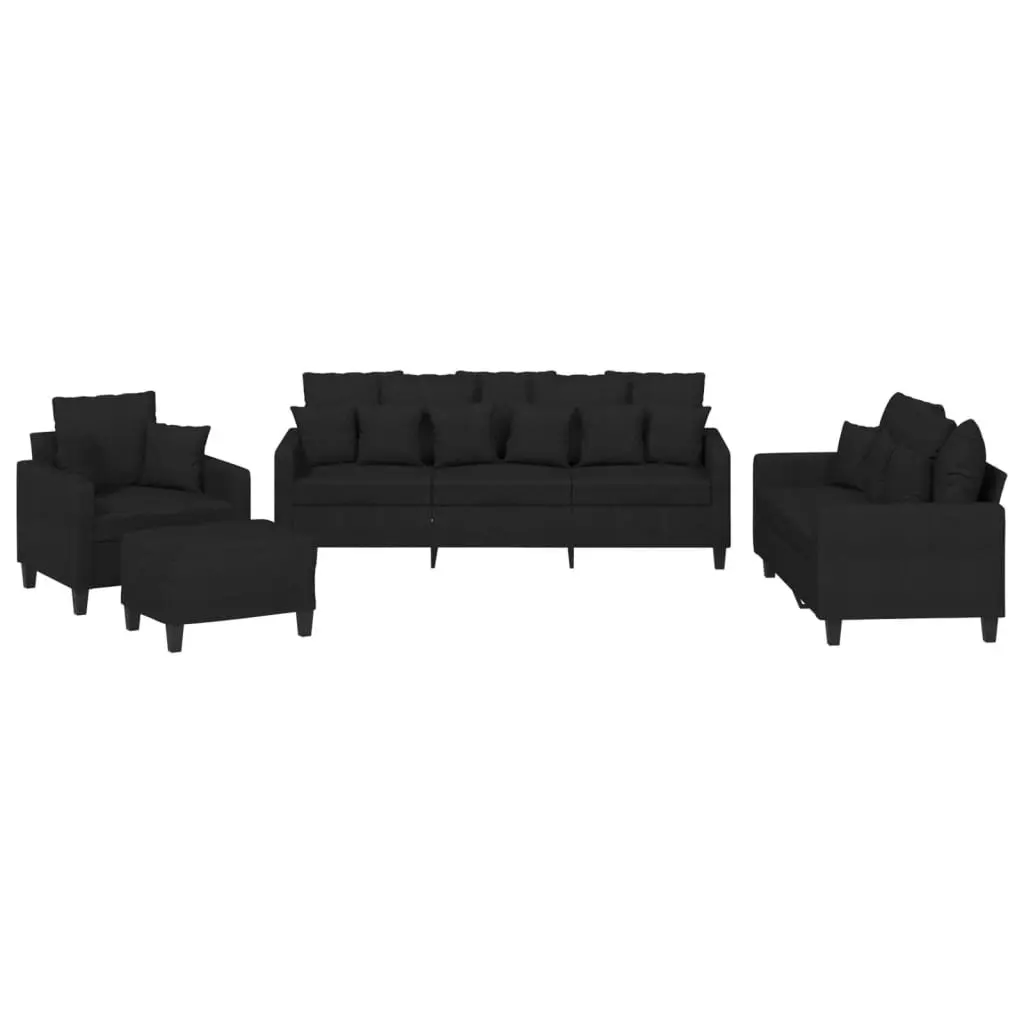 Sofa Set Durable Fabric Black Compact 4 Piece with Throw Pillows and Footstool
