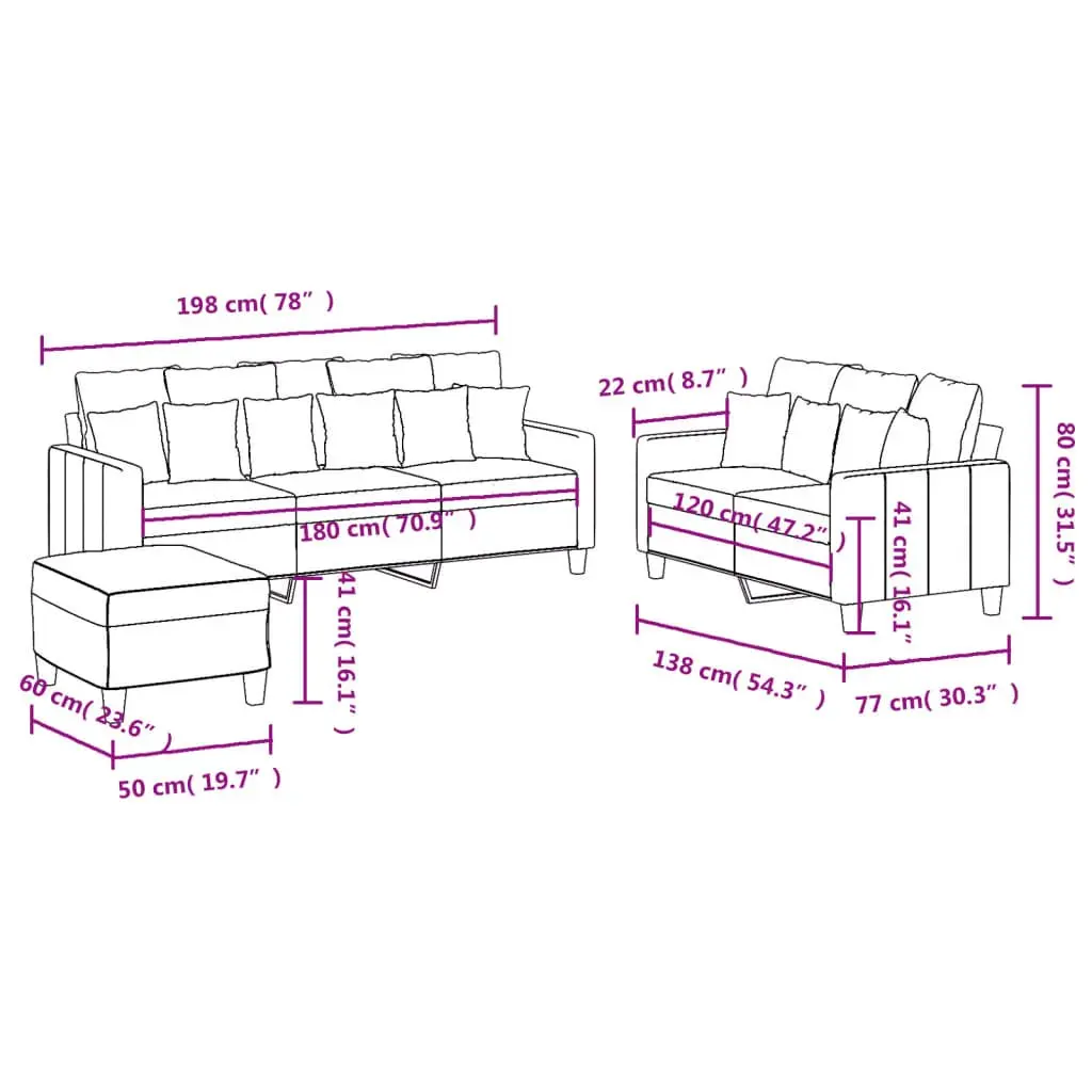 3 Piece Sofa Set with Footstool Grey Fabric Living Room Lounge Seating Suite