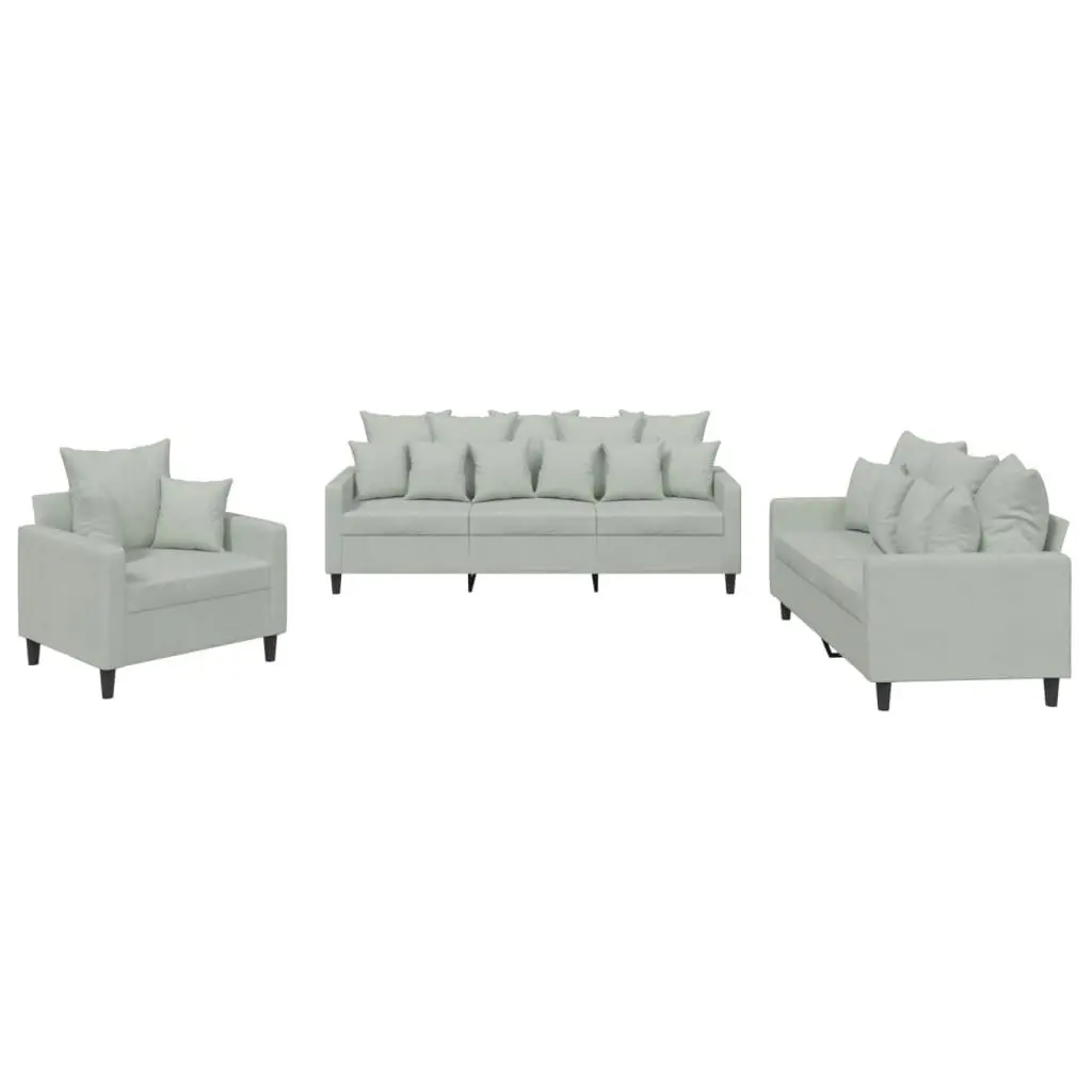 3 Piece Sofa Set Grey Velvet Lounge Suite with Cushions Living Room Furniture