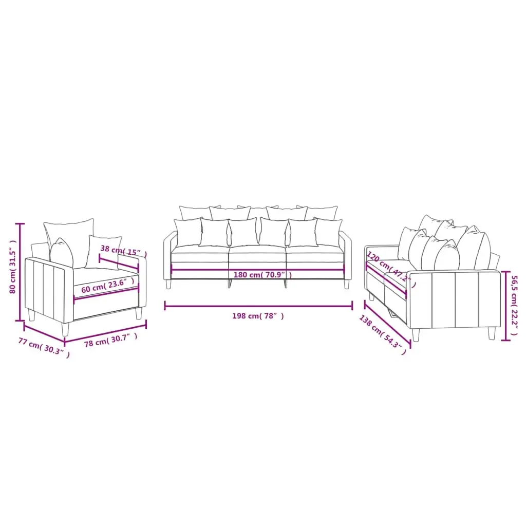3 Piece Sofa Set Grey Velvet Lounge Suite with Cushions Living Room Furniture