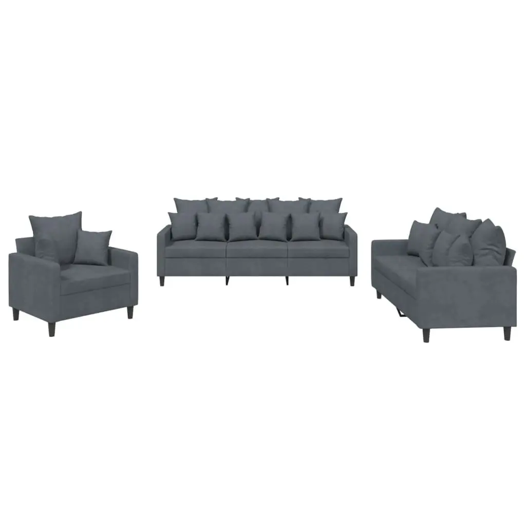 3 Piece Sofa Set Grey Velvet Lounge Suite Comfortable Padded Seating Living Room