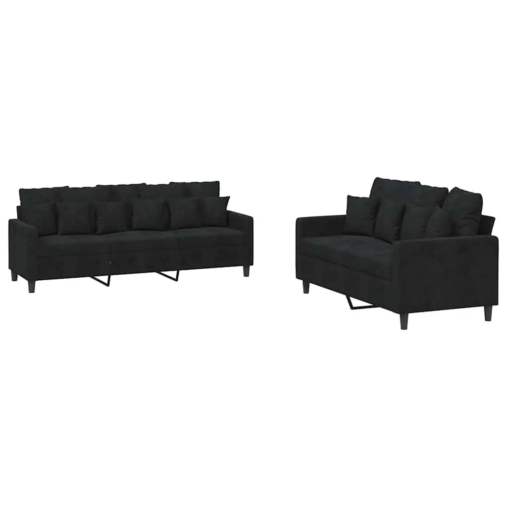 2 Piece Sofa Set with Cushions Black Velvet Comfortable Seating Living Room