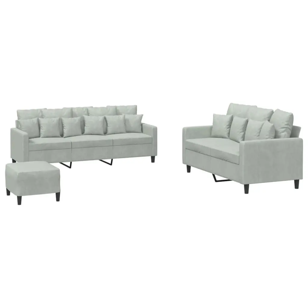 Grey Velvet Lounge Sofa Set 3 Piece with Cushions and Footstool