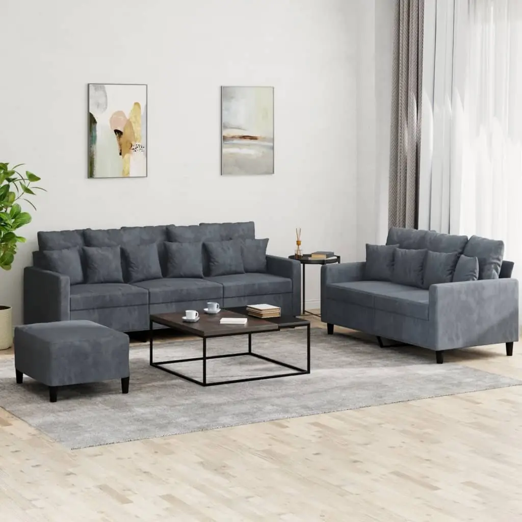 3 Piece Sofa Set Grey Velvet Lounge Suite with Footstool