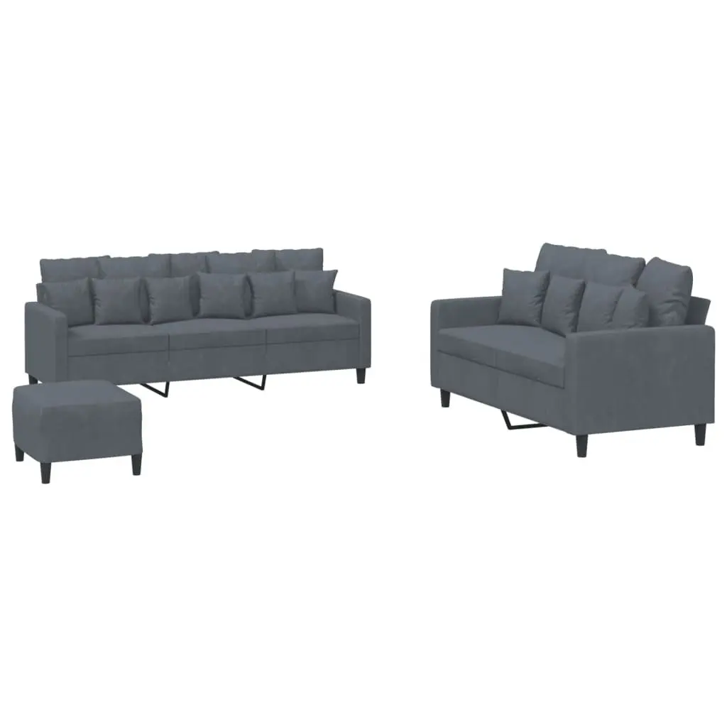 3 Piece Sofa Set Grey Velvet Lounge Suite with Footstool