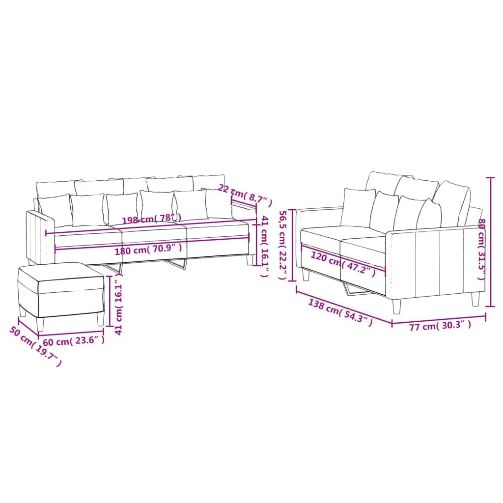 3 Piece Sofa Set Grey Velvet Lounge Suite with Footstool