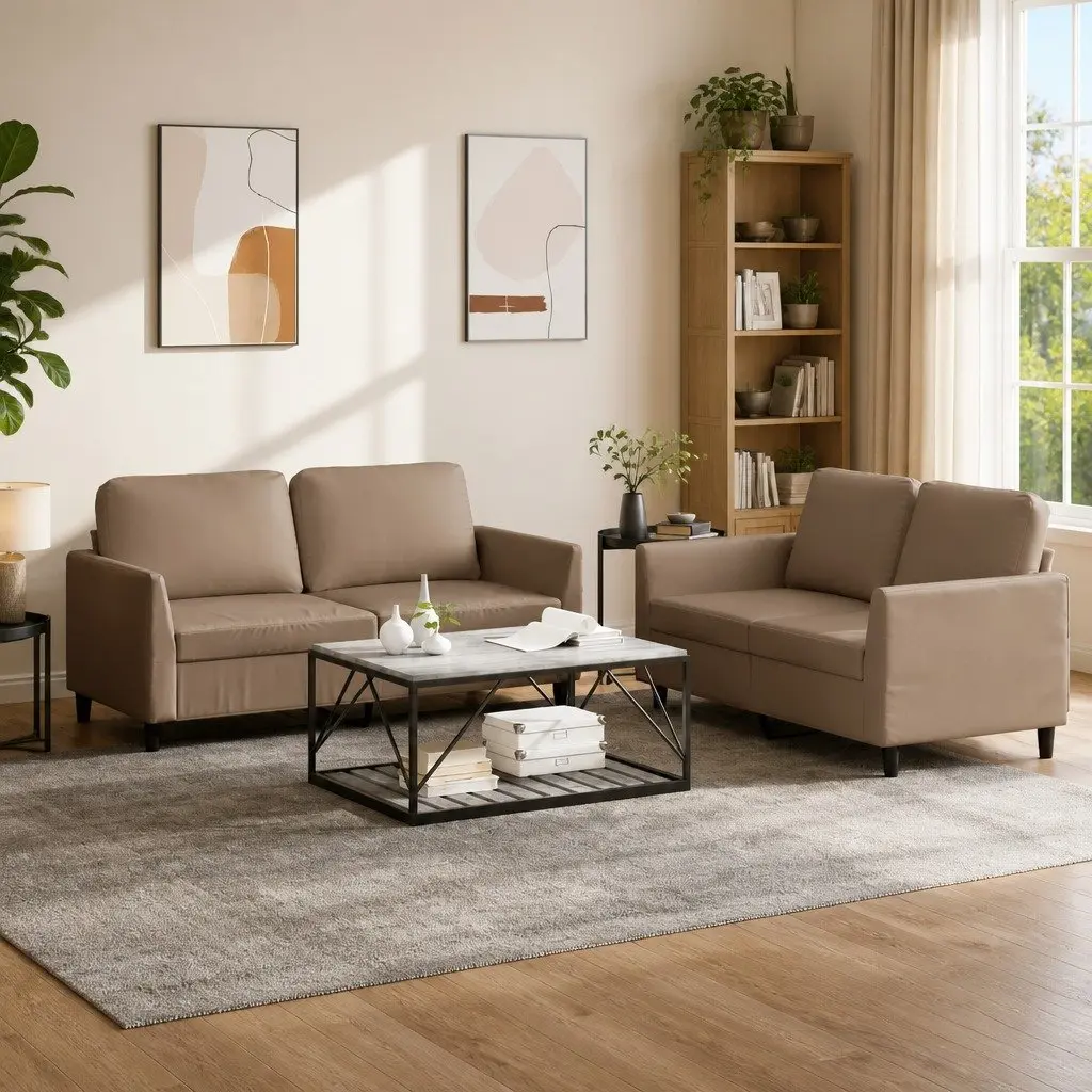 2 Piece Sofa Set Brown Faux Leather Cushioned Couch