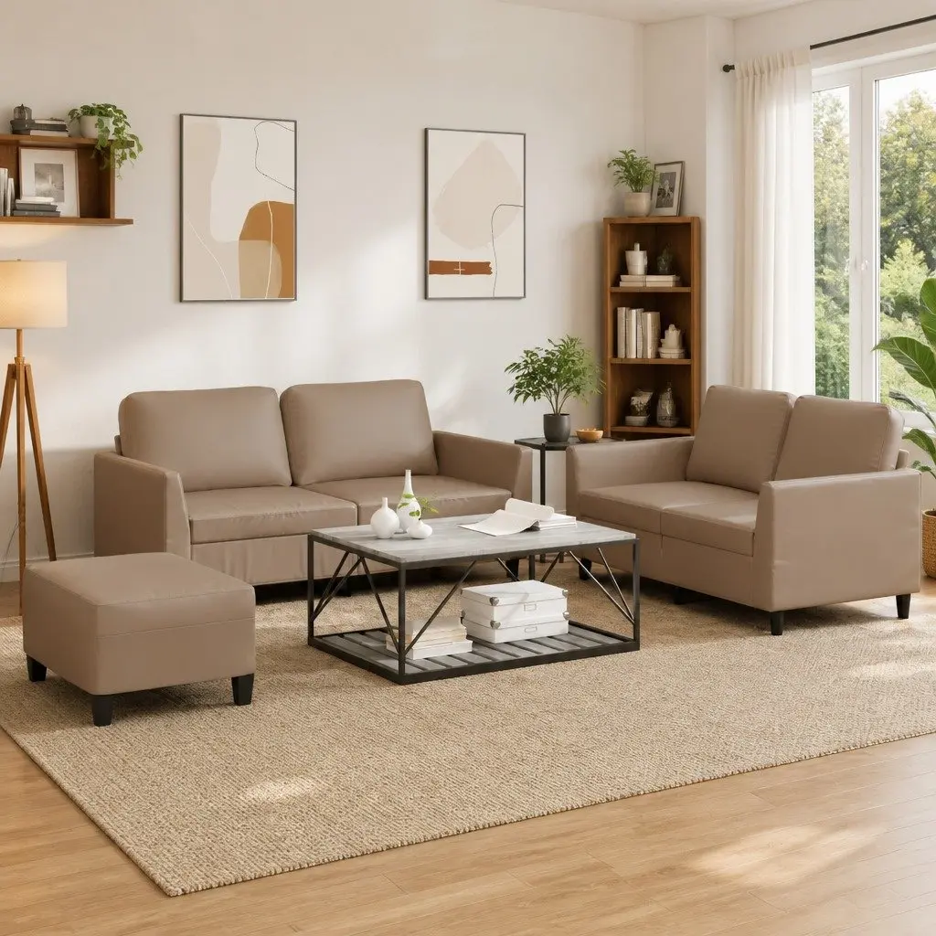 3 Piece Sofa Set Brown Faux Leather Compact Living Room Furniture