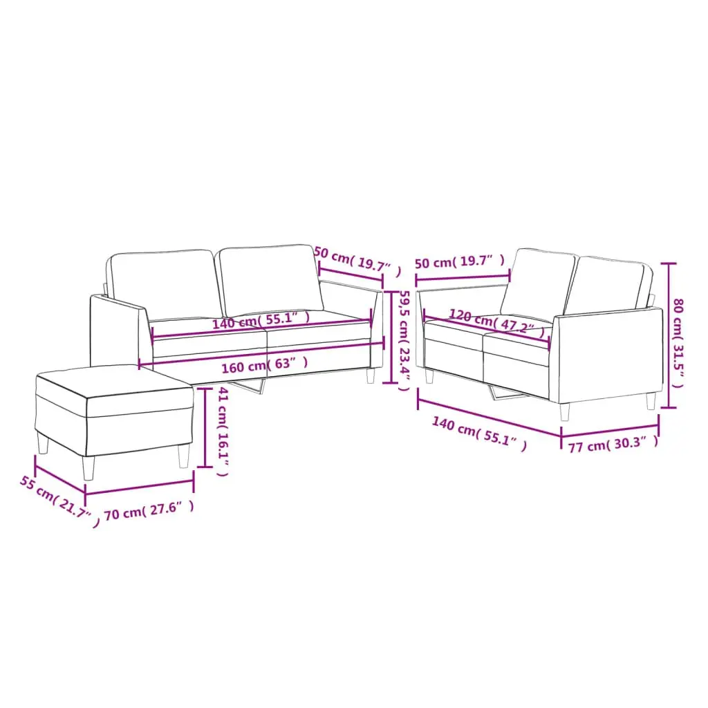 3 Piece Sofa Set Brown Faux Leather Compact Living Room Furniture