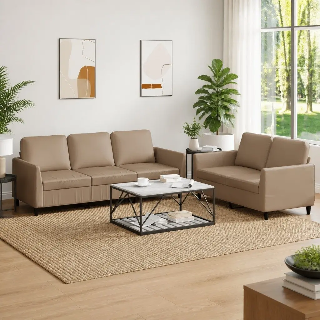 2 Piece Sofa Set Brown Faux Leather Couch Sturdy Plywood and Metal Frame