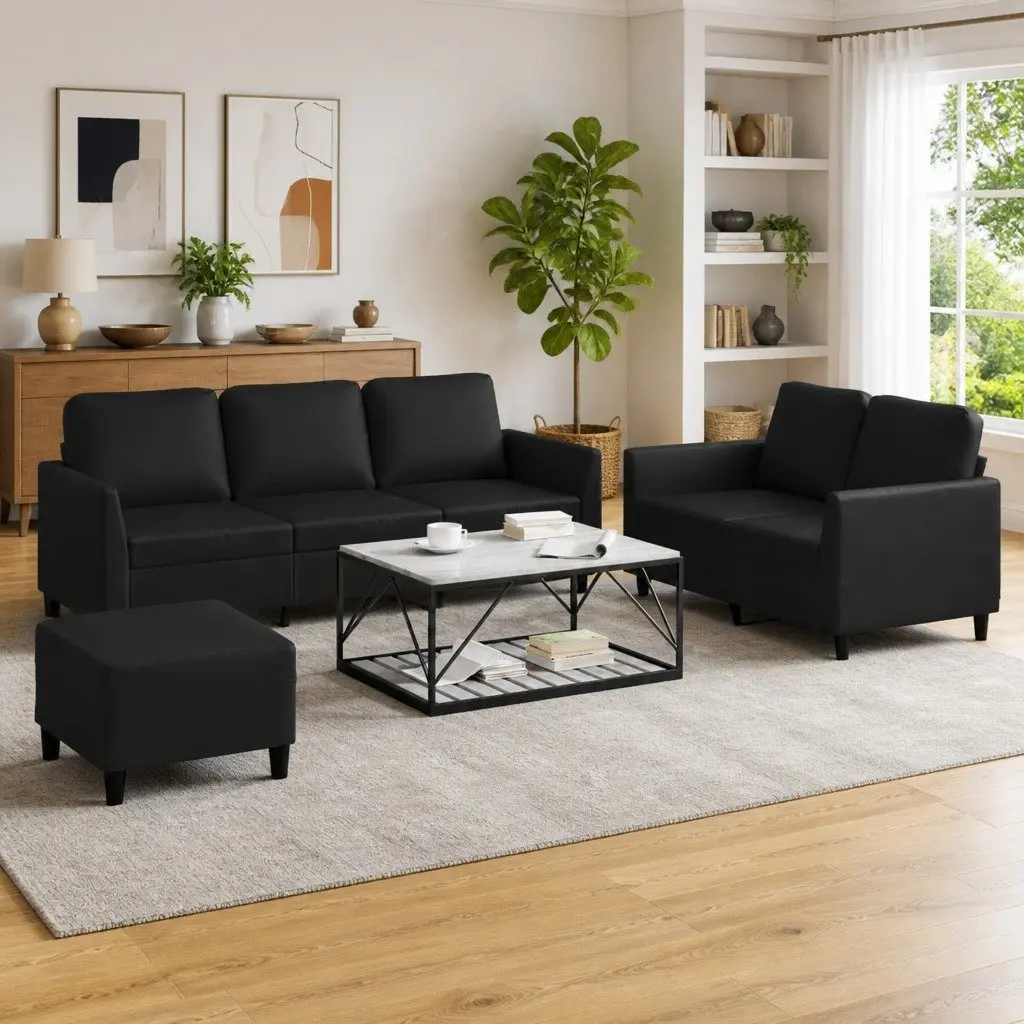 3 Piece Sofa Set with Cushions Footstool Black Faux Leather Living Room