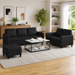 3 Piece Sofa Set with Cushions Footstool Black Faux Leather Living Room