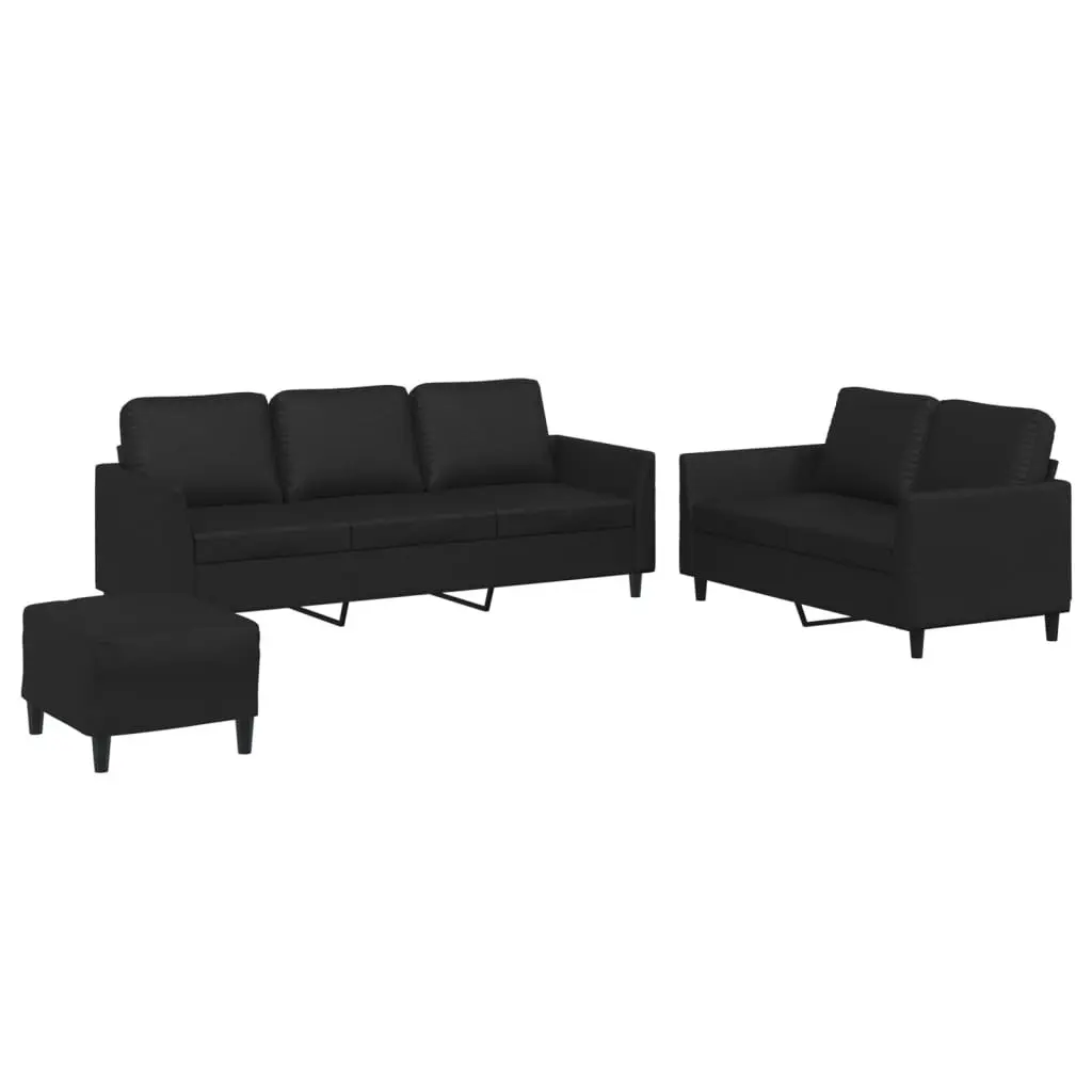 3 Piece Sofa Set with Cushions Footstool Black Faux Leather Living Room