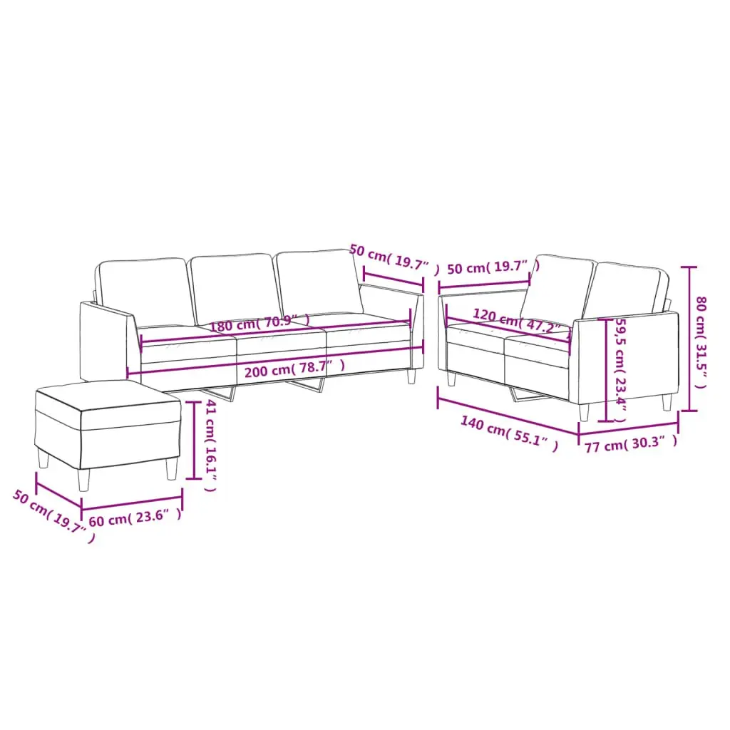 3 Piece Sofa Set with Cushions Footstool Black Faux Leather Living Room