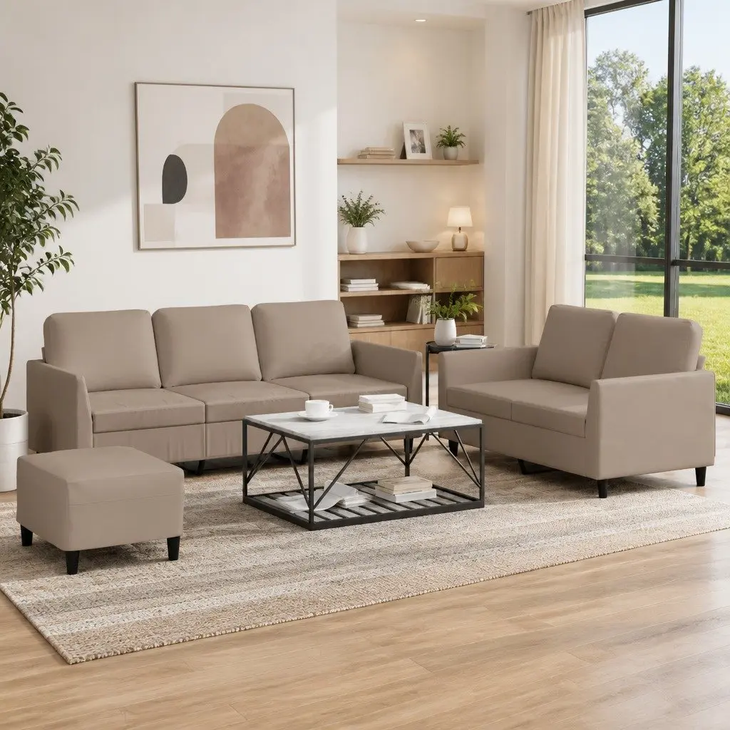 3 Piece Sofa Set Brown Faux Leather Living Room Furniture Couch with Footstool