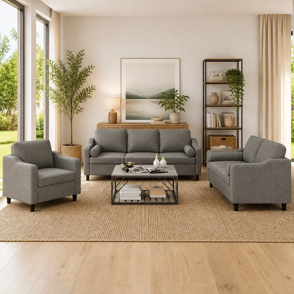 3 Piece Sofa Set Grey Fabric Couch Durable Upholstery