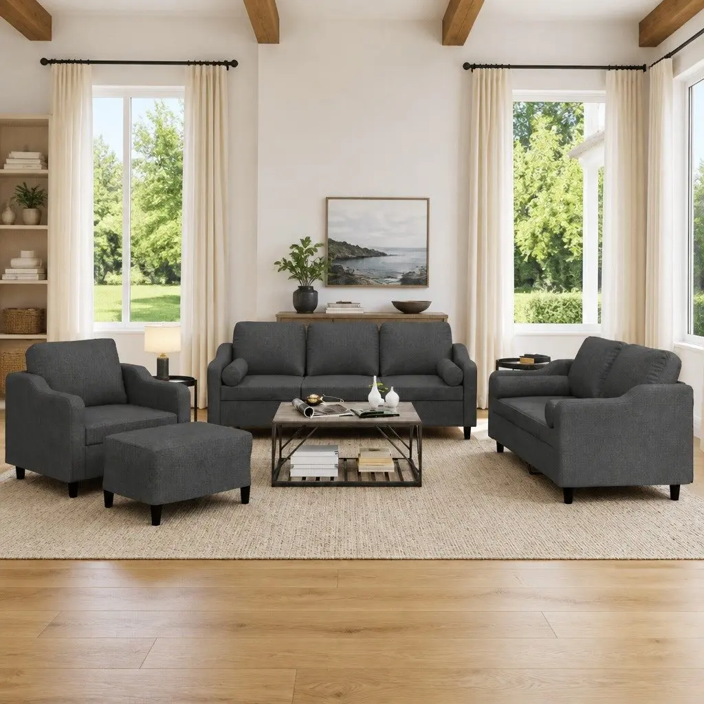 Grey Fabric Lounge Suite 4 Piece Set with Footstool and Pillows for Living Room