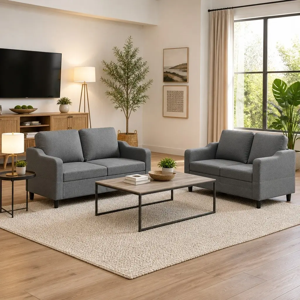 2 Piece Sofa Set Grey Fabric Cushioned Armchairs