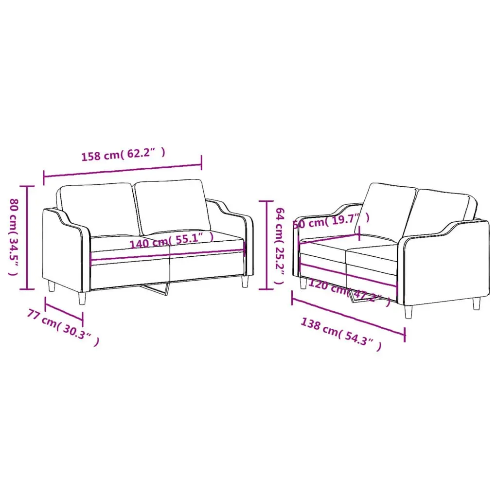 2 Piece Sofa Set Grey Fabric Cushioned Armchairs