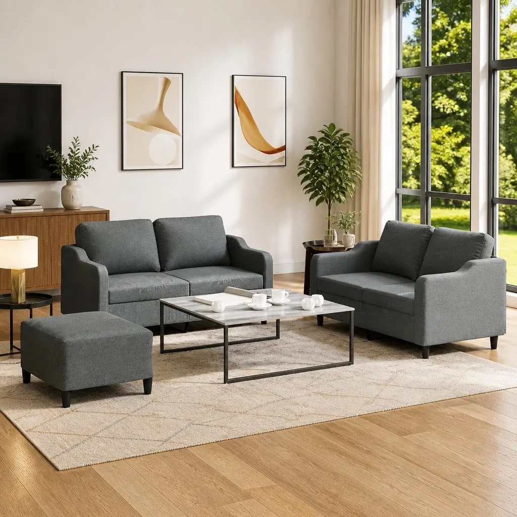 3 Piece Grey Fabric Sofa Set with Cushions and Footstool for Living Room