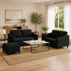 3 Piece Sofa Set with Cushions Black Fabric Lounge Suite Footstool Living Room