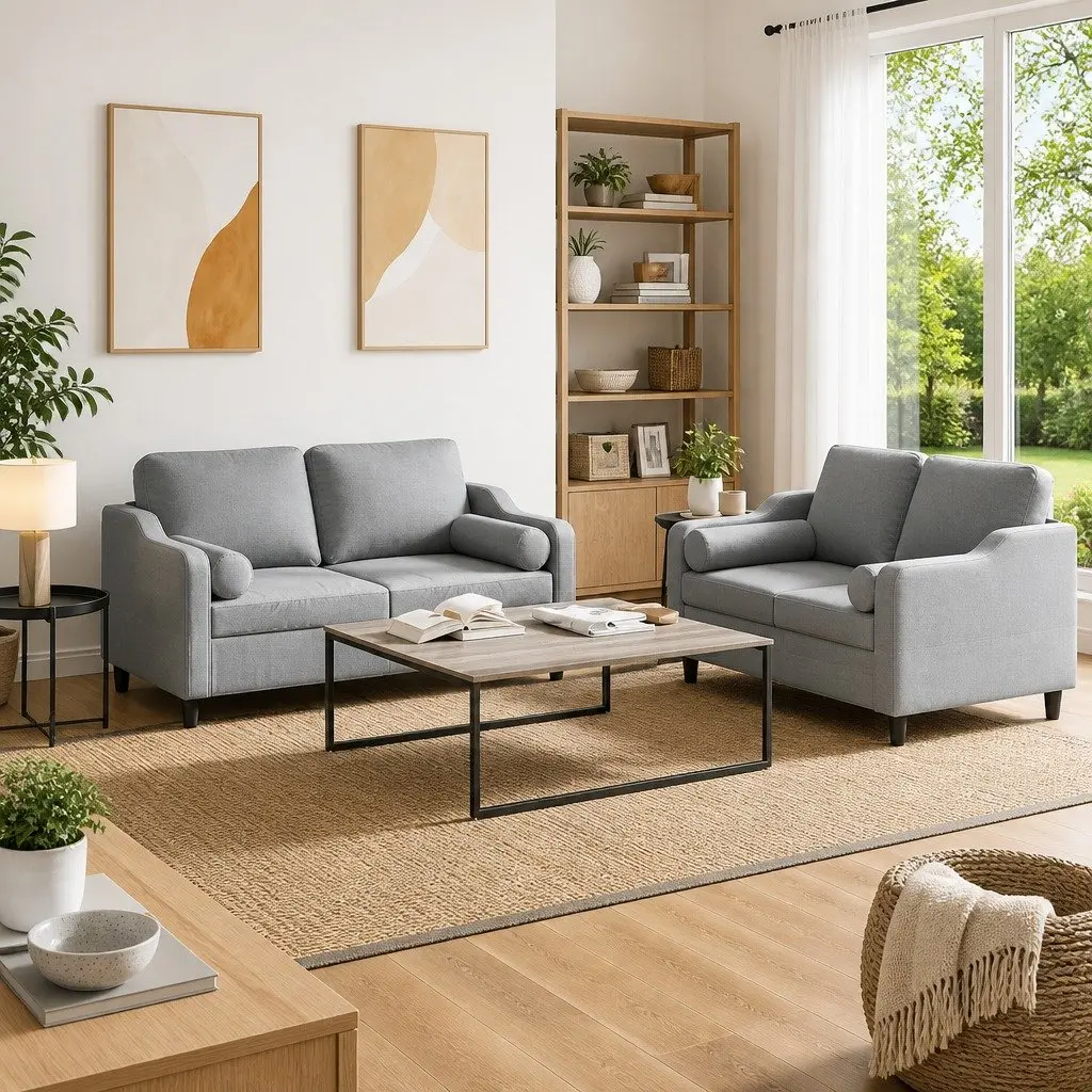 2 Piece Sofa Set with Pillows Grey Fabric Lounge Suite Comfortable Seating