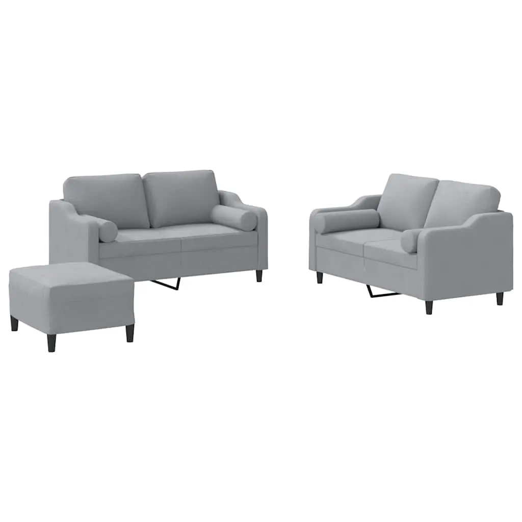 3 Piece Sofa Set with Pillows and Footstool Grey Fabric Living Room Lounge